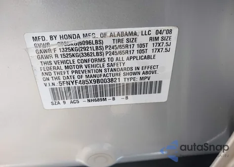 2009 Honda Pilot Exl из США, поврежденный, VIN 5FNYF485X9B003821